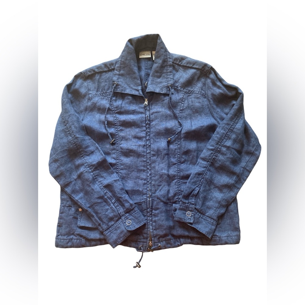 Chico’s 100% Linen blue Zip Up Jacket. Size Large. - Picture 3 of 12
